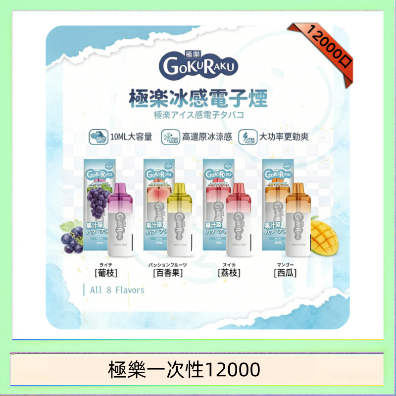極樂一次性12000 【8種口味】極楽 12000口一次性電子煙|超大容量 |口感絲滑|新品